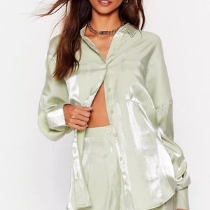 Nasty Gal Satin Button Down Shirt and Trousers. Color: Mint.